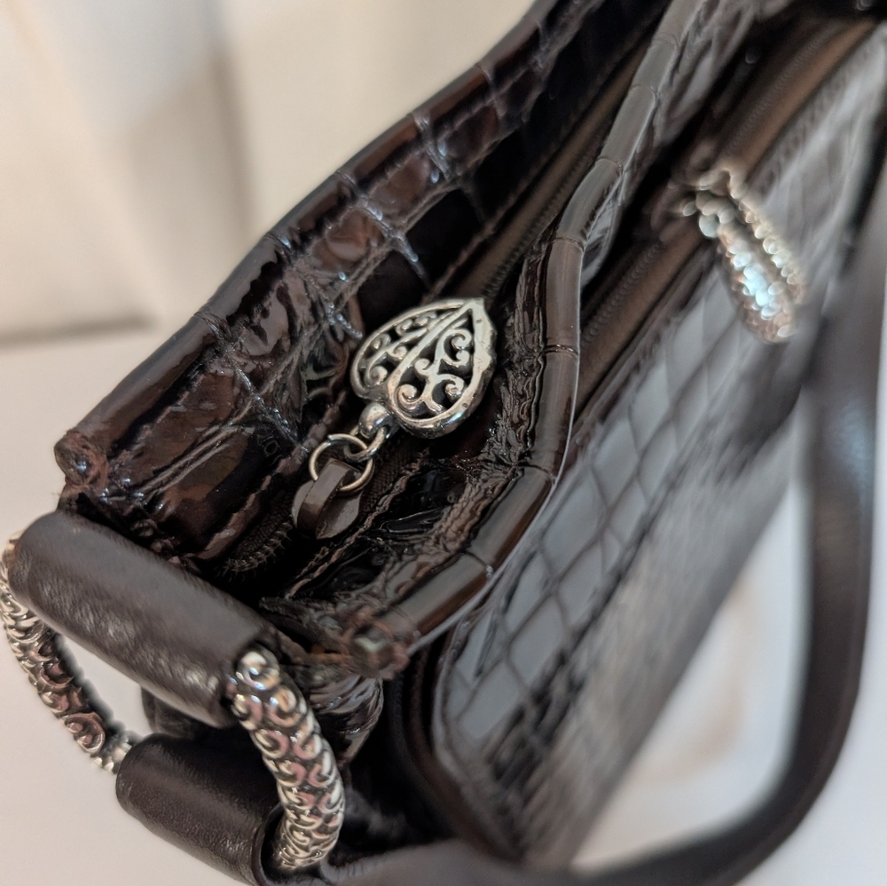 Brighton Sonny Lil Cher Croc-Embossed Patent Leather Bronze Brown Shoulder Bag - Picture 3 of 15